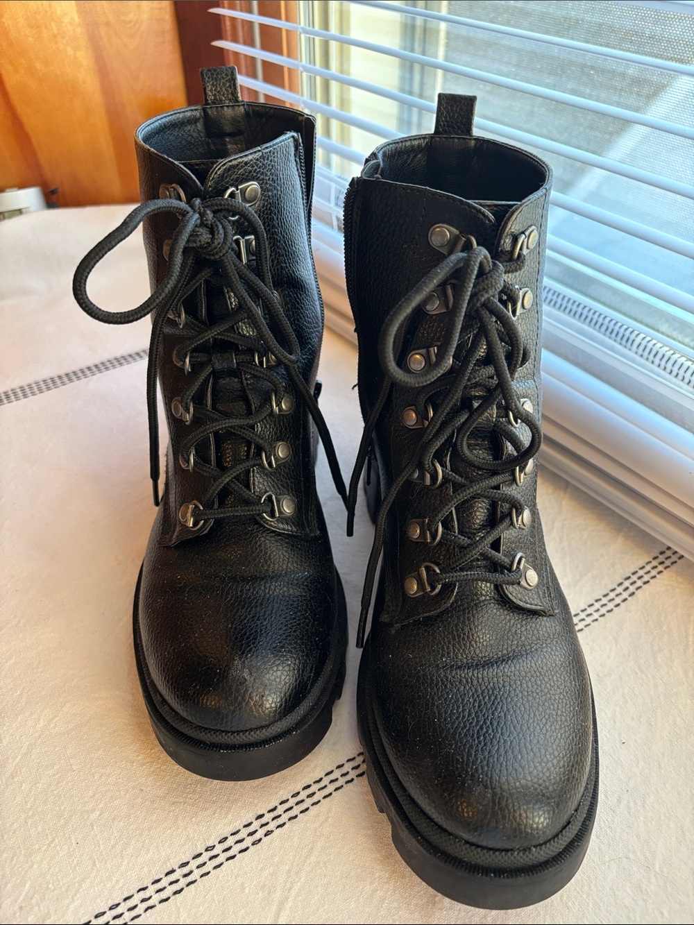JustFab Black Lace-Up Combat Boots with Lug Sole